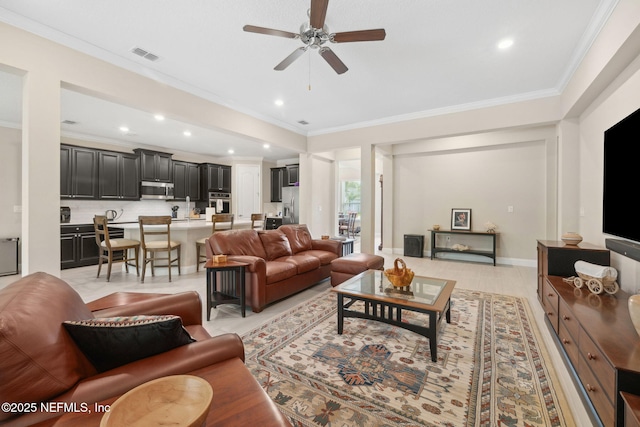 149 San Telmo Ct, Saint Augustine, FL 32095 - living room with ceiling fan, visible vents, ornamental molding, and recessed lighting