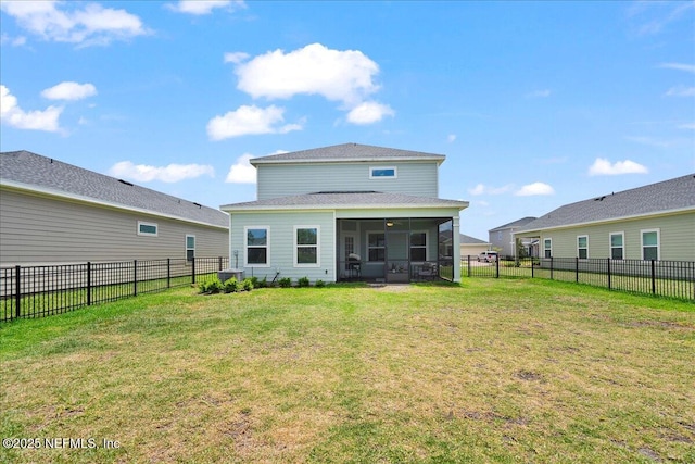 115 Beauclair Blvd, Saint Augustine, FL 32084 - back of property with a yard, central AC unit, a fenced backyard, and a sunroom