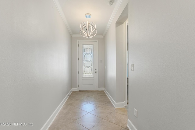 doorway to outside featuring crown molding, baseboards, an inviting chandelier, and light tile patterned floors