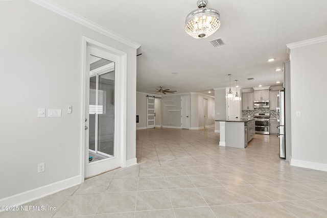 unfurnished living room featuring visible vents, recessed lighting, baseboards, and crown molding