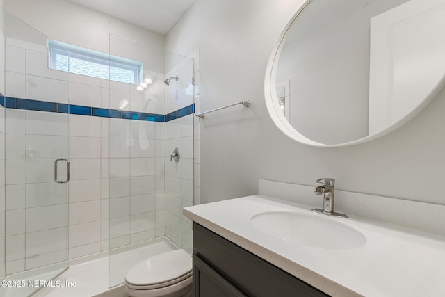 bathroom with toilet, a shower stall, and vanity