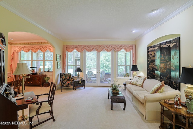 3666 Cypress Point Ct, Green Cove Springs, FL 32043 - living area with carpet, ornamental molding, healthy amount of natural light, a textured ceiling, and french doors