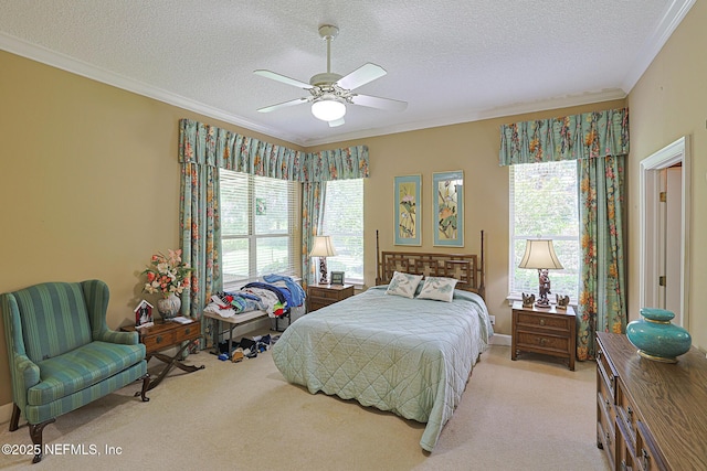 3666 Cypress Point Ct, Green Cove Springs, FL 32043 - bedroom with ornamental molding, light carpet, a textured ceiling, and ceiling fan
