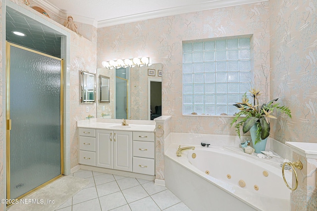 3666 Cypress Point Ct, Green Cove Springs, FL 32043 - full bathroom featuring wallpapered walls, ornamental molding, a shower stall, tile patterned floors, and a tub with jets