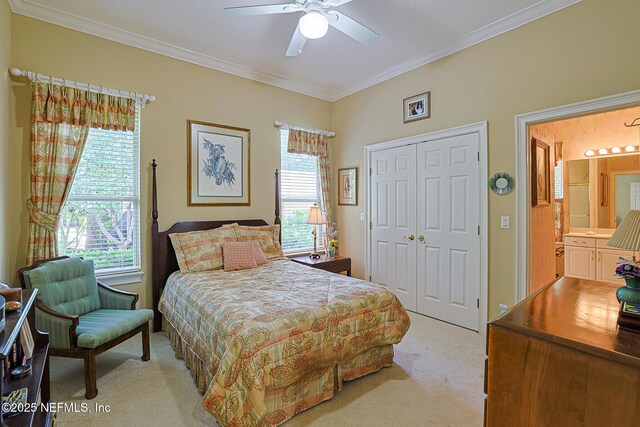 3666 Cypress Point Ct, Green Cove Springs, FL 32043 - bedroom featuring light colored carpet, crown molding, a closet, and a ceiling fan