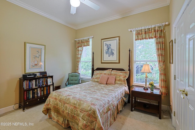 3666 Cypress Point Ct, Green Cove Springs, FL 32043 - carpeted bedroom with multiple windows, ornamental molding, baseboards, and ceiling fan