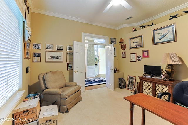 3666 Cypress Point Ct, Green Cove Springs, FL 32043 - home office with crown molding, carpet floors, and a ceiling fan