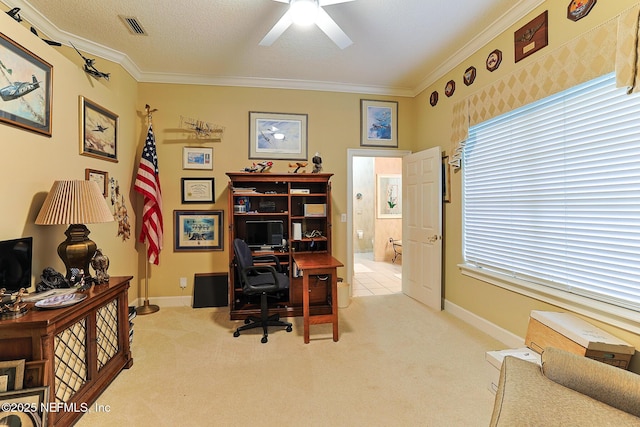 3666 Cypress Point Ct, Green Cove Springs, FL 32043 - office space with crown molding, ceiling fan, carpet flooring, and baseboards