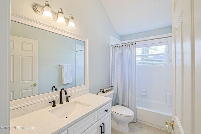 full bathroom with shower / bath combination with curtain, toilet, tile patterned flooring, vaulted ceiling, and vanity