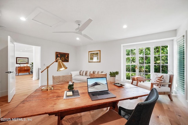 home office with recessed lighting, baseboards, and light wood-style flooring