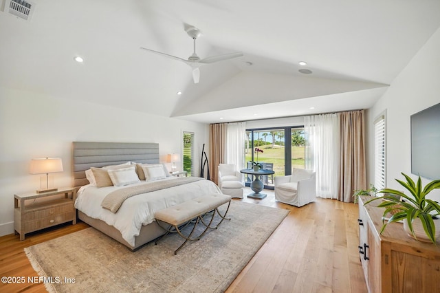 bedroom with access to exterior, visible vents, high vaulted ceiling, light wood-style floors, and recessed lighting