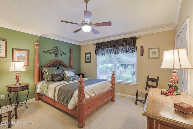 3593 Long Cove Ct, Green Cove Springs, FL 32043 - bedroom with crown molding, light carpet, baseboards, and a ceiling fan