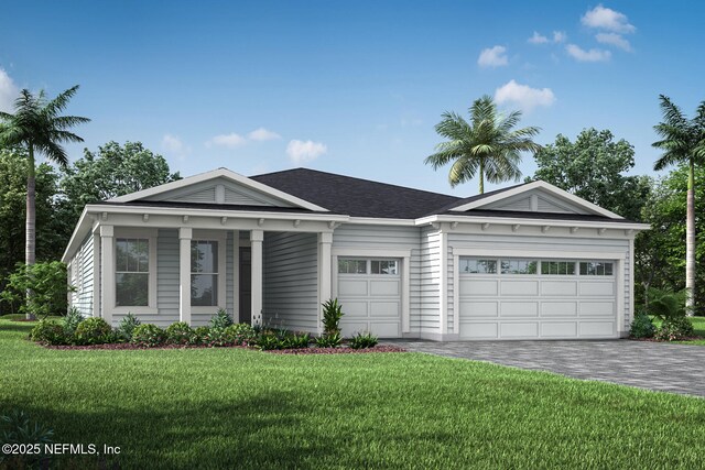 384 Pelton Pl, Saint Johns, FL 32259 - ranch-style home featuring a porch, an attached garage, decorative driveway, and a front lawn