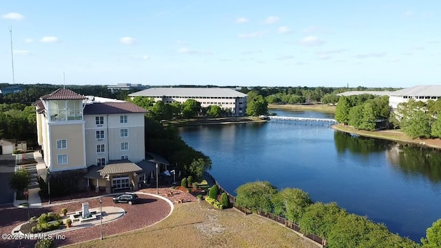 bird's eye view with a water view
