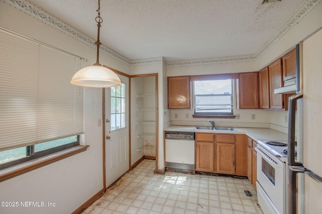 1742 Tiffany Pines Cir E, Jacksonville, FL 32225 - kitchen with white appliances, brown cabinets, a textured ceiling, and a sink