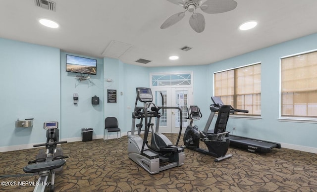 8601 Beach Blvd Unit 323, Jacksonville, FL 32216 - workout room featuring carpet floors, a ceiling fan, french doors, and visible vents