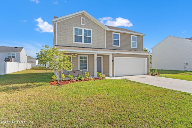 traditional-style home featuring fence, covered porch, a front yard, an attached garage, and driveway