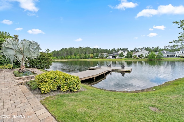 dock area with a water view and a yard