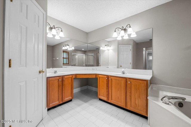 1800 Norway Dr, Fleming Island, FL 32003 - full bathroom featuring double vanity, a garden tub, a textured ceiling, tile patterned flooring, and an enclosed shower