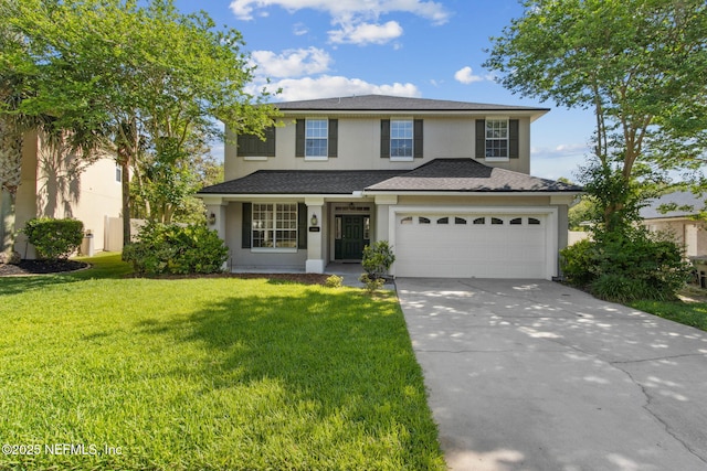 traditional-style home with a shingled roof, an attached garage, stucco siding, a front yard, and driveway