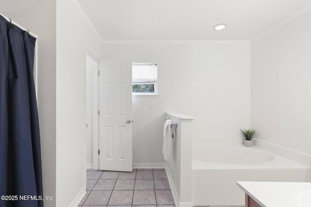 12394 Glenn Hollow Dr, Jacksonville, FL 32226 - bathroom featuring a bath, vanity, ornamental molding, baseboards, and tile patterned floors