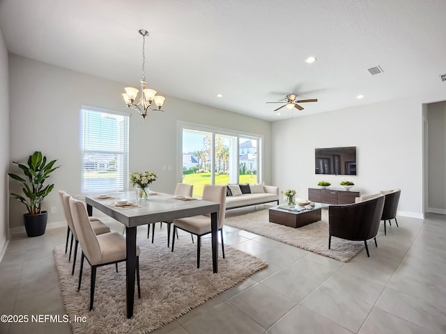 232 Caiden Dr, Ponte Vedra, FL 32081 - dining area featuring visible vents, baseboards, recessed lighting, ceiling fan with notable chandelier, and light tile patterned floors