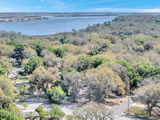 aerial view featuring a water view and a view of trees
