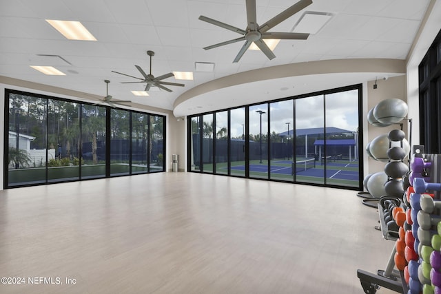 interior space featuring ceiling fan and wood finished floors
