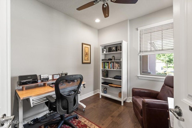 office featuring recessed lighting, baseboards, a ceiling fan, and dark wood-style floors