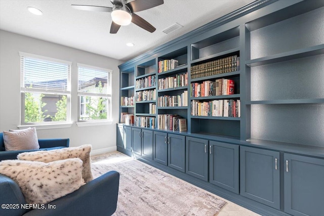 sitting room with baseboards, a ceiling fan, recessed lighting, and visible vents