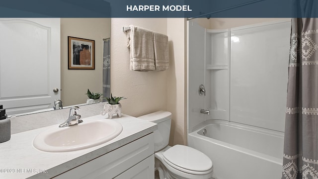 419 Seaport Breeze Rd, Saint Augustine, FL 32095 - bathroom with vanity, shower / tub combo, a textured wall, and toilet