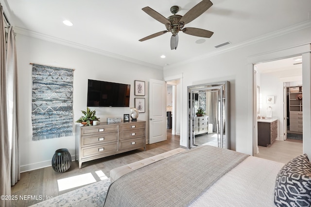 bedroom with visible vents, ornamental molding, baseboards, recessed lighting, and light wood finished floors