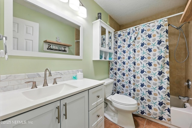12139 Cap Ferrat St, Jacksonville, FL 32224 - bathroom with toilet, tile patterned floors, a textured ceiling, shower / bathtub combination with curtain, and vanity
