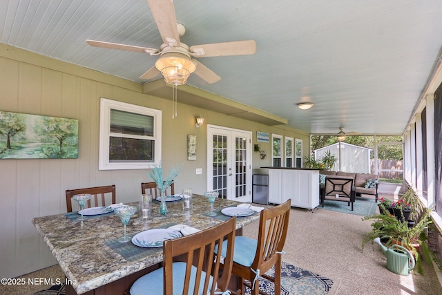 5914 Orchard Pond Dr, Fleming Island, FL 32003 - sunroom featuring french doors, ceiling fan, and outdoor dining space