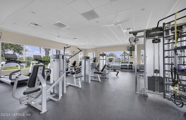 568 Blind Oak Cir, Saint Augustine, FL 32095 - gym with visible vents, a drop ceiling, and plenty of natural light