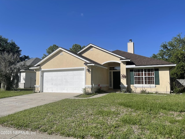 2990 Brittany Bluff Dr, Orange Park, FL 32073 - ranch-style house featuring a garage, stucco siding, a front yard, a chimney, and concrete driveway