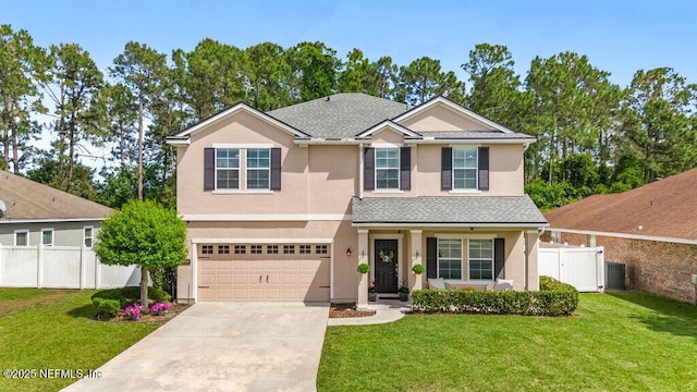 3149 Silverado Cir, Green Cove Springs, FL 32043 - traditional-style house featuring stucco siding, concrete driveway, a garage, central AC unit, and a shingled roof