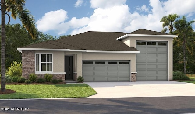 view of front of property with driveway, a front lawn, an attached garage, stone siding, and stucco siding