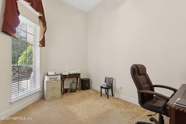 office space featuring baseboards, a healthy amount of sunlight, and carpet