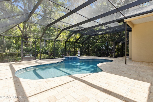 pool with a patio and glass enclosure