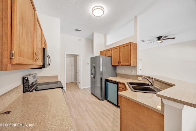 kitchen featuring ceiling fan, visible vents, appliances with stainless steel finishes, a peninsula, and light wood finished floors
