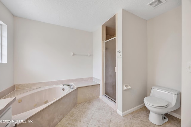 full bathroom with visible vents, tile patterned floors, toilet, and a shower stall