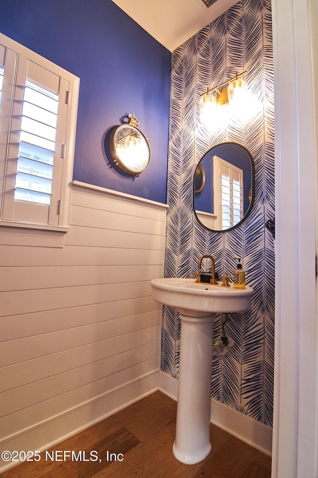 bathroom with baseboards, a healthy amount of sunlight, wainscoting, and wood finished floors