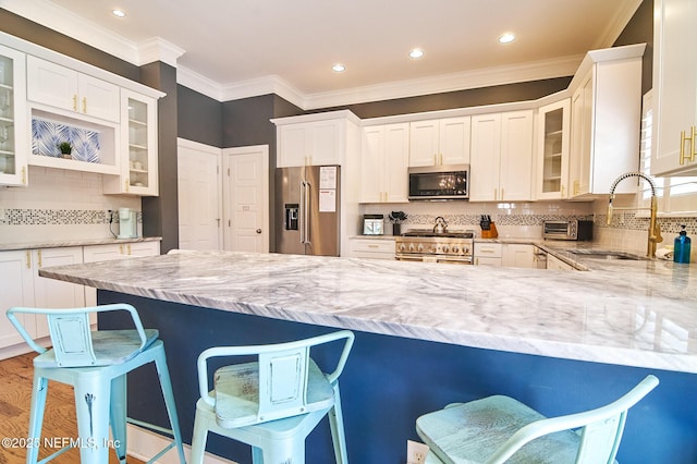 kitchen featuring backsplash, premium appliances, light stone counters, and a sink