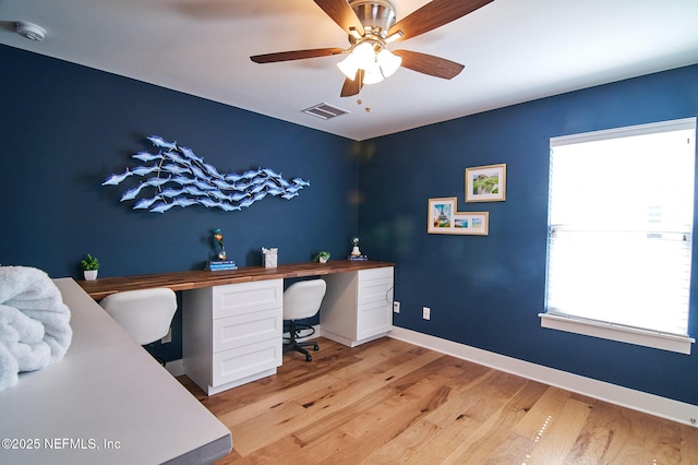 office area featuring a wealth of natural light, ceiling fan, light wood-style flooring, and visible vents