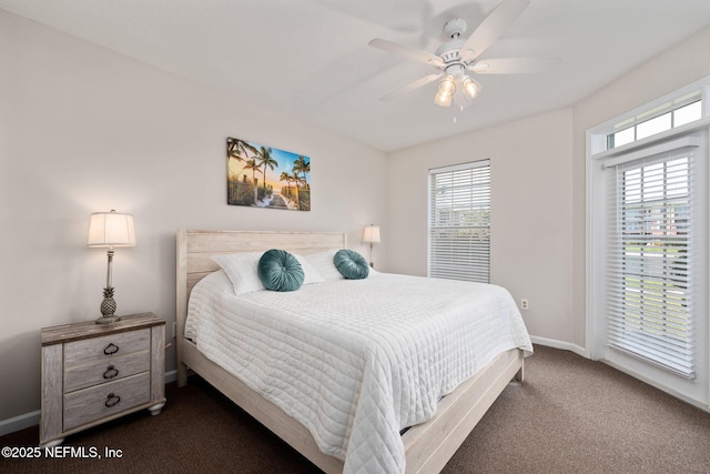 bedroom with access to outside, baseboards, ceiling fan, and dark colored carpet