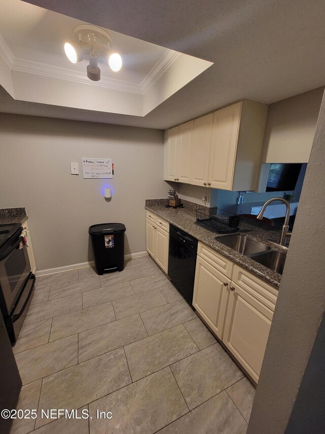 3857 Mission Dr Unit 3, Jacksonville, FL 32217 - kitchen with black dishwasher, a sink, ornamental molding, range with electric cooktop, and a raised ceiling