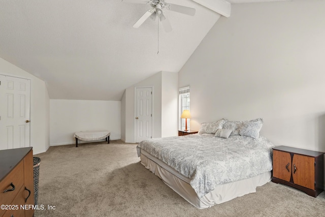 bedroom with a ceiling fan, baseboards, light carpet, and vaulted ceiling with beams