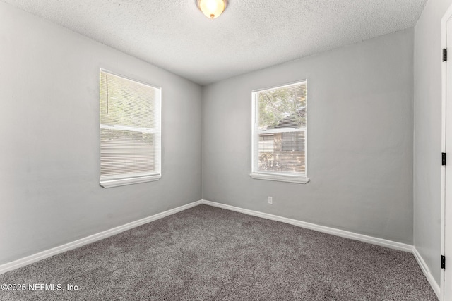 empty room featuring carpet floors, a textured ceiling, and baseboards