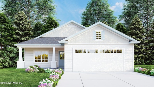 6274 Little Lake Geneva Rd, Keystone Heights, FL 32656 - view of front of property with board and batten siding, roof with shingles, a garage, a front lawn, and concrete driveway